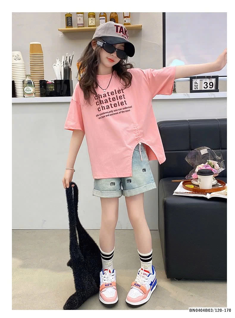 SET QUẦN SHORT JEAN CHỮ MIX THUN RÚT EO