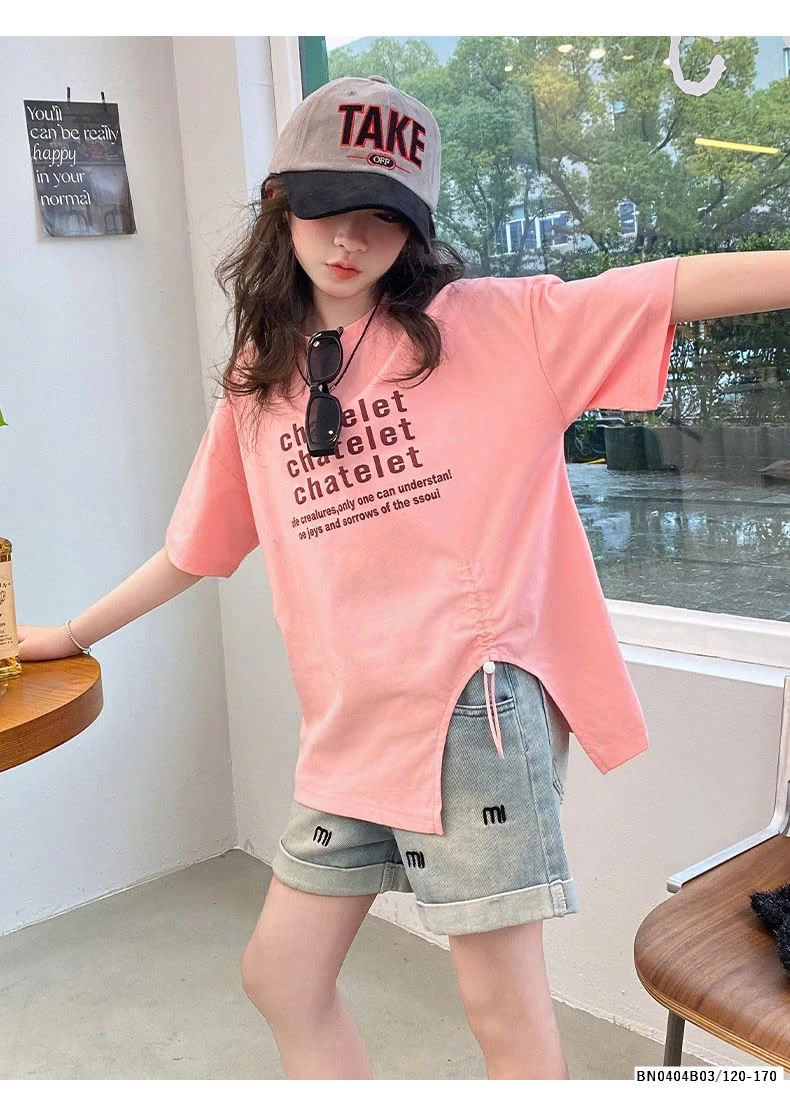 SET QUẦN SHORT JEAN CHỮ MIX THUN RÚT EO