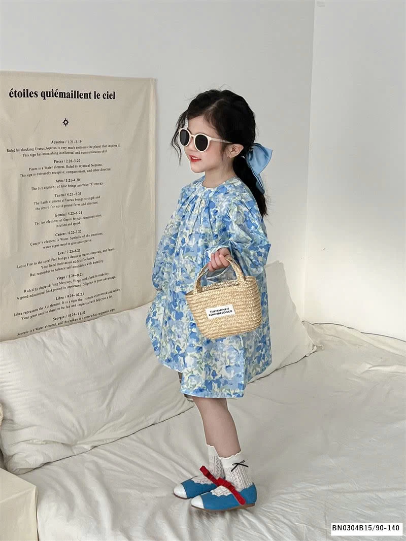 VÁY HOA XANH DÀI TAY