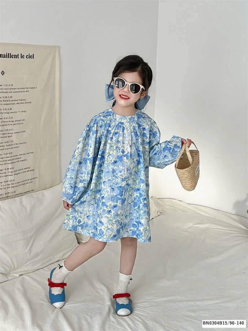 VÁY HOA XANH DÀI TAY