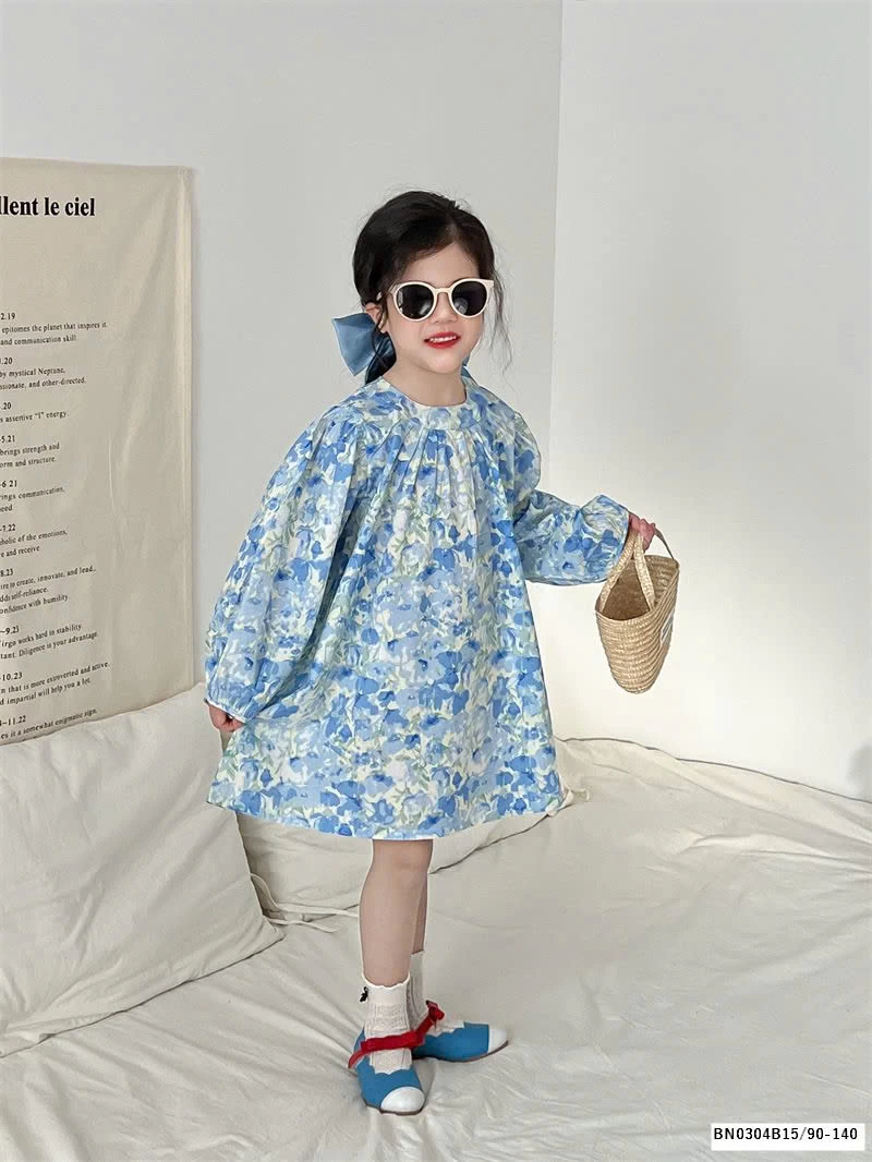 VÁY HOA XANH DÀI TAY