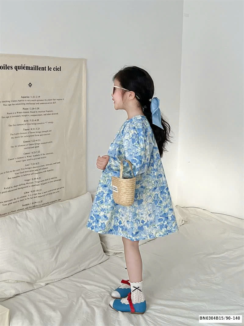 VÁY HOA XANH DÀI TAY