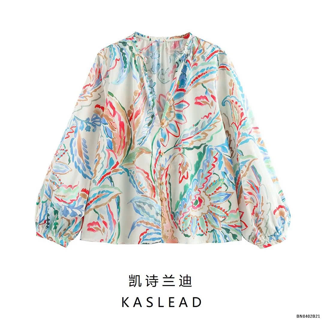 ÁO SƠ MI HOA CỔ CHỮ V  KASLEAD