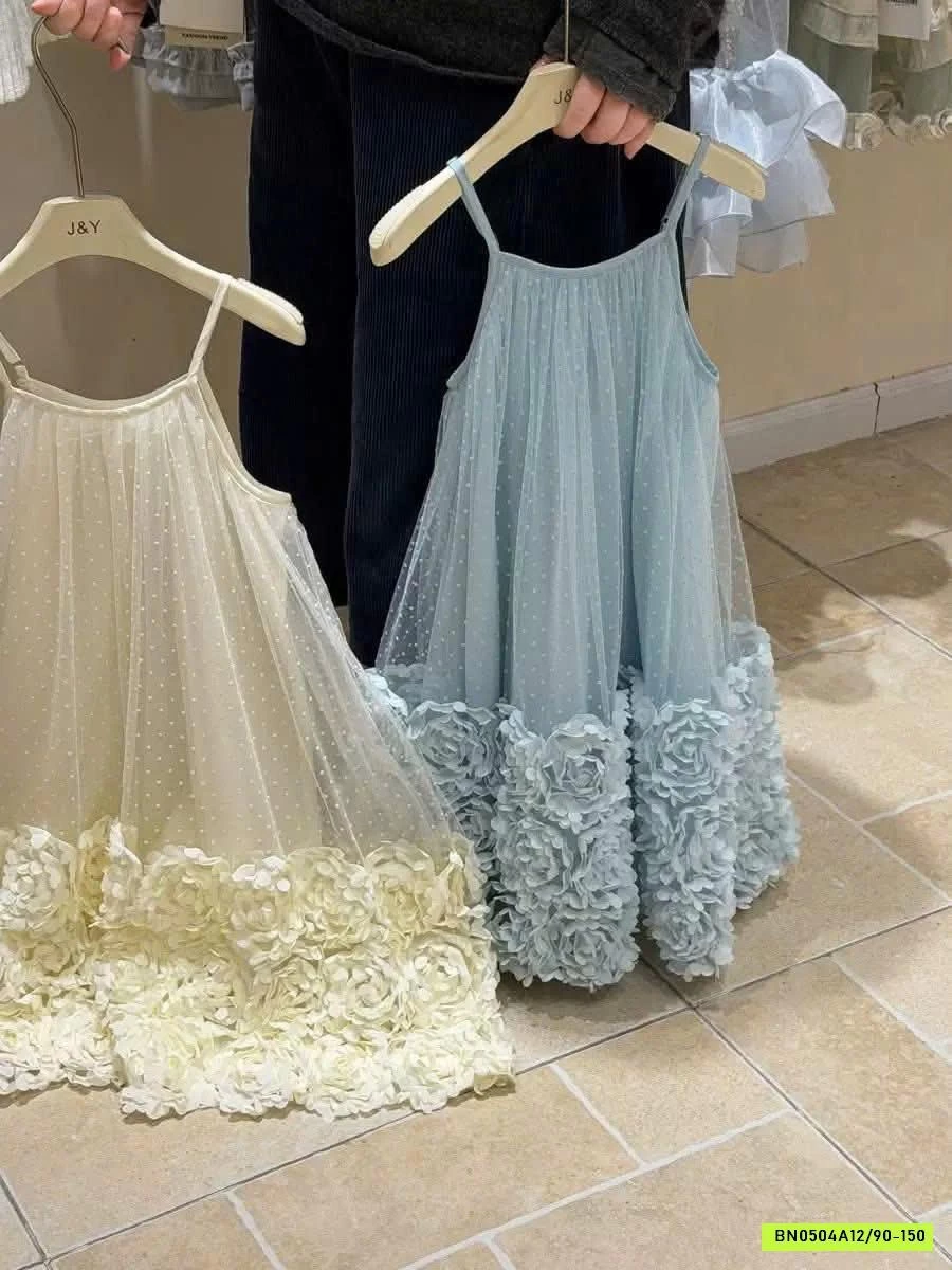 ĐẦM VOAN HOA XANH 2 DÂY 3D