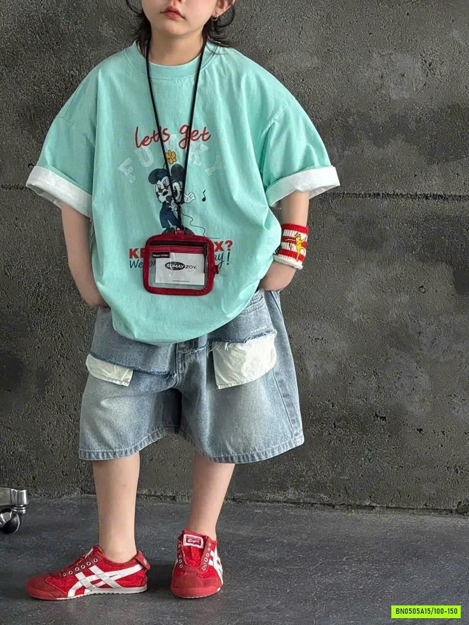 ÁO MIXKEY XANH MIX JEANS TÚI NGƯỢC