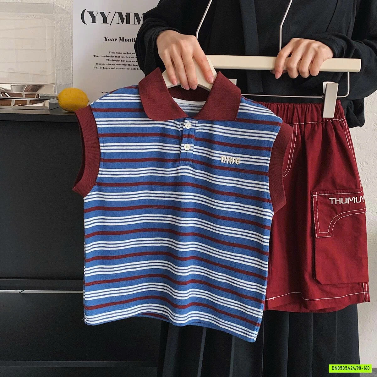 POLO KẺ SÁT NÁCH MIX SHORT ĐỎ MUYE