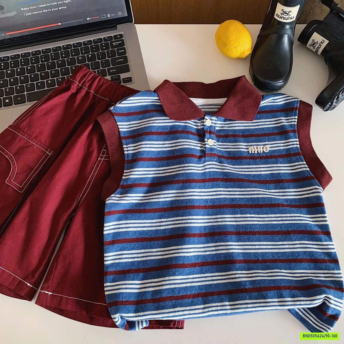 POLO KẺ SÁT NÁCH MIX SHORT ĐỎ MUYE