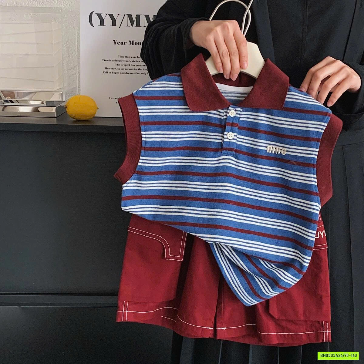 POLO KẺ SÁT NÁCH MIX SHORT ĐỎ MUYE