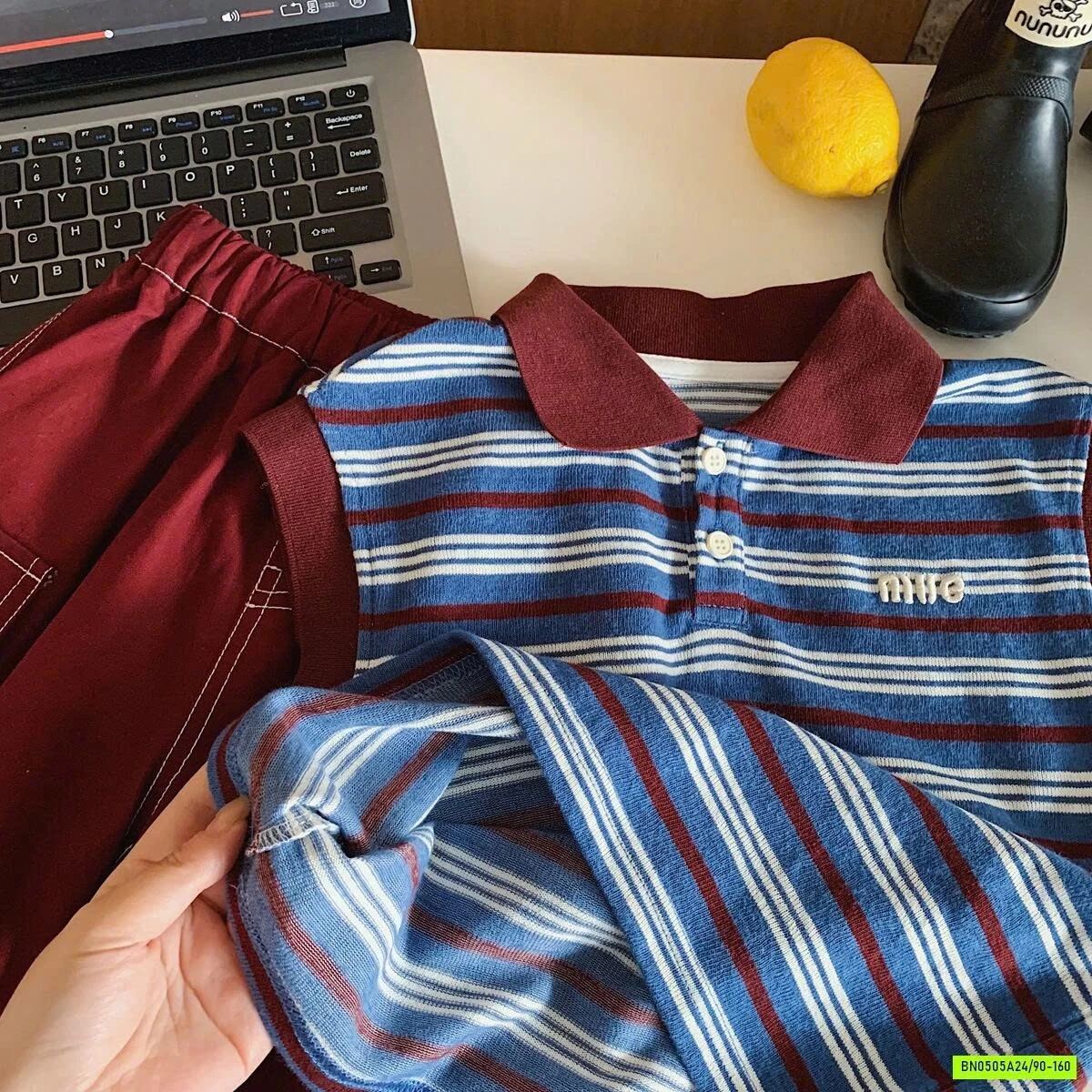 POLO KẺ SÁT NÁCH MIX SHORT ĐỎ MUYE