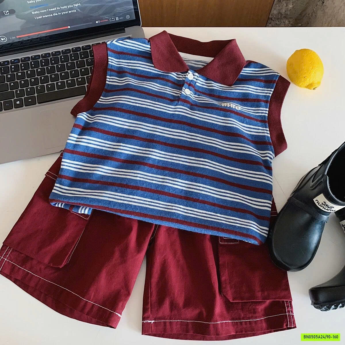 POLO KẺ SÁT NÁCH MIX SHORT ĐỎ MUYE