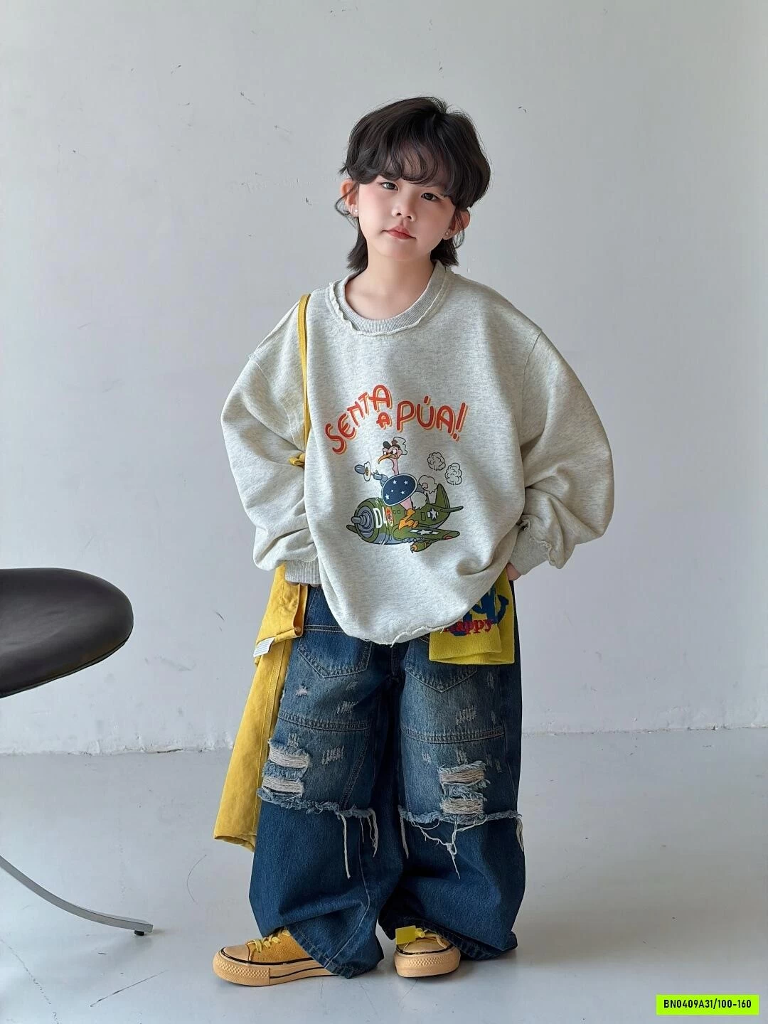 ÁO NỈ XÁM SENTA MIX JEANS RÁCH CÁ TÍNH