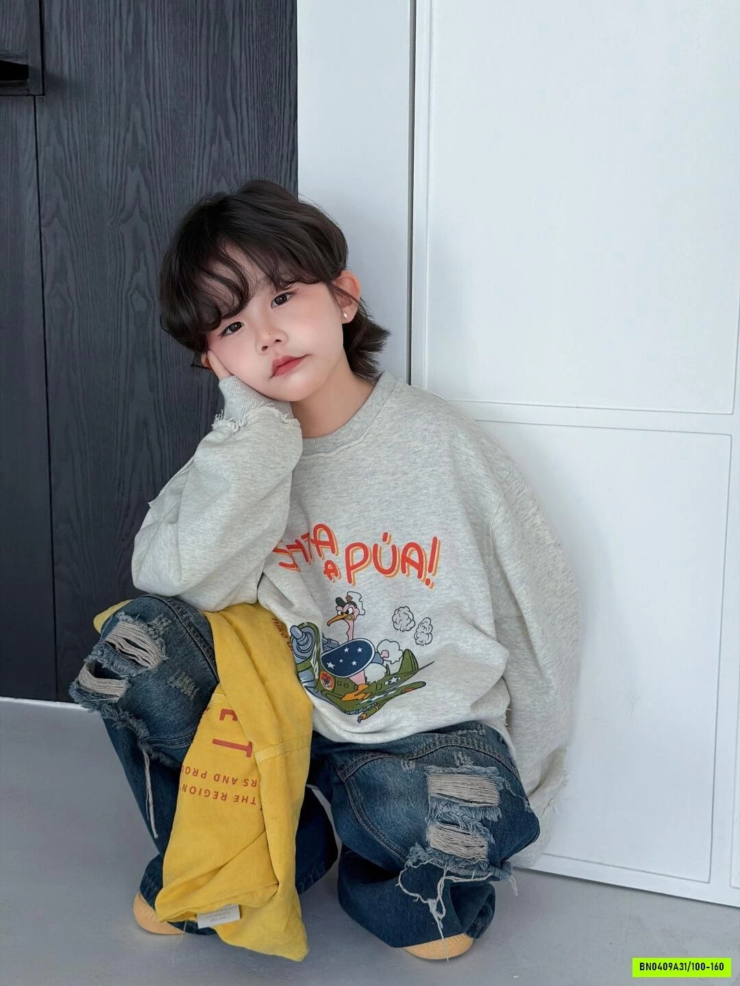 ÁO NỈ XÁM SENTA MIX JEANS RÁCH CÁ TÍNH