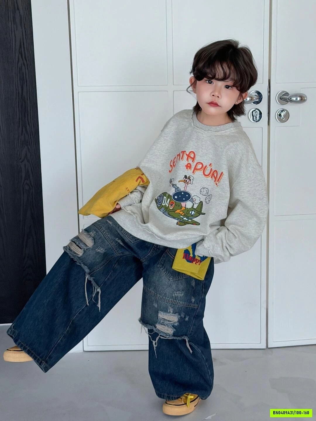 ÁO NỈ XÁM SENTA MIX JEANS RÁCH CÁ TÍNH