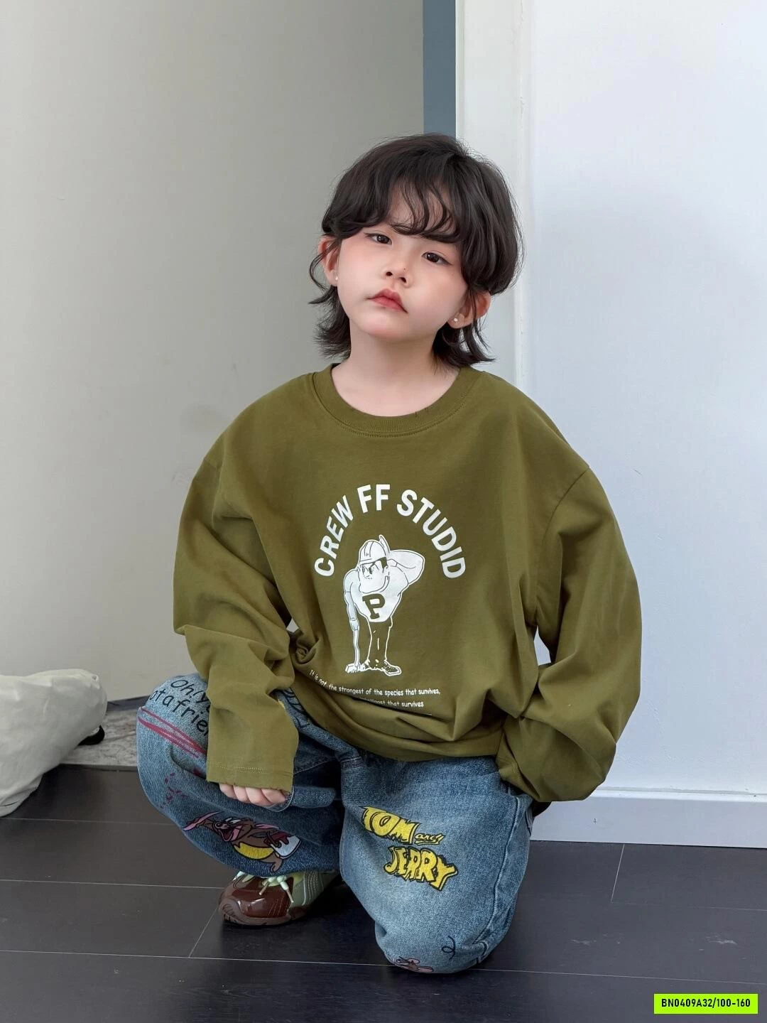 ÁO XANH OLIVE MIX JEANS CHUỘT JERRY