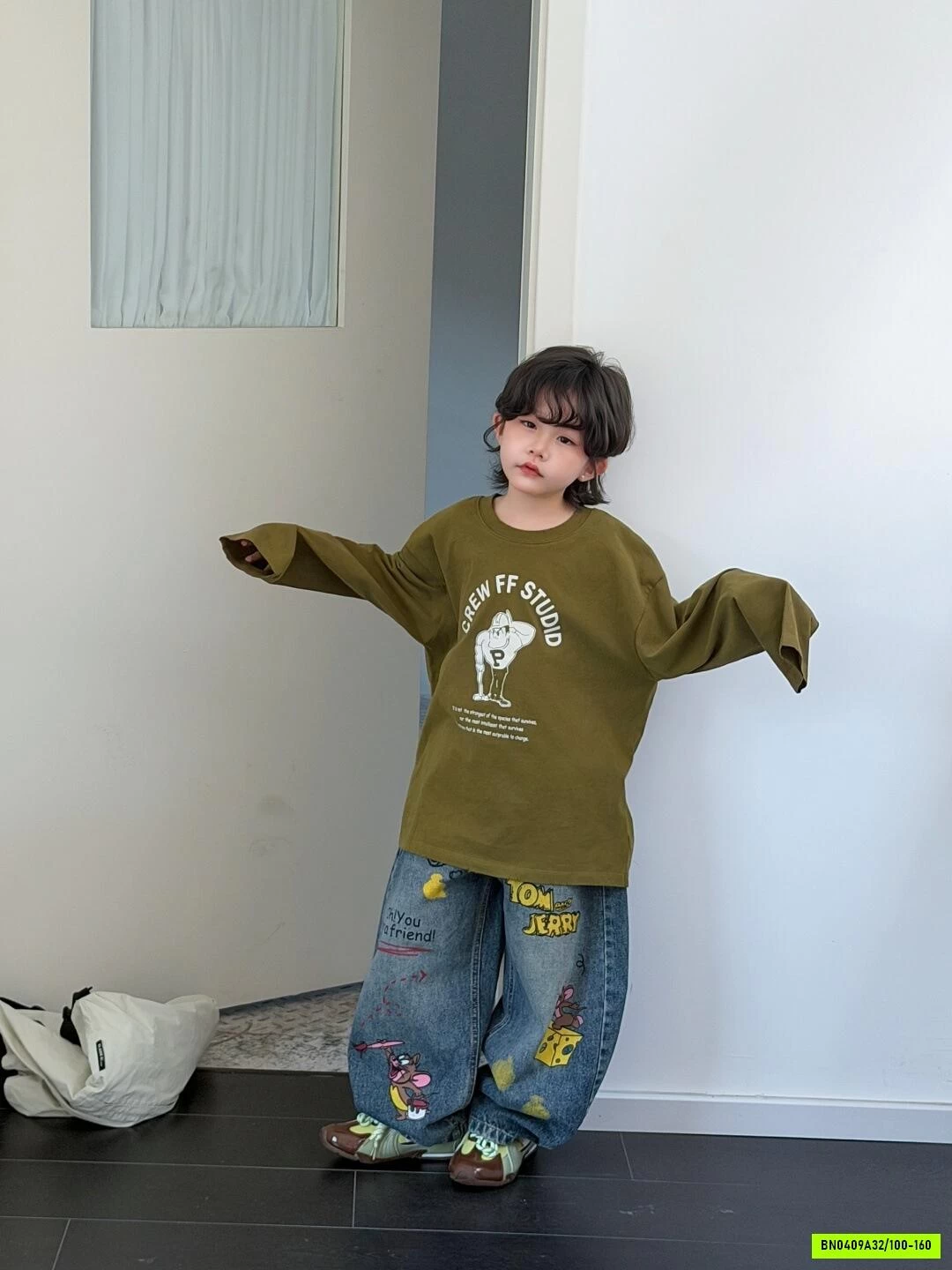 ÁO XANH OLIVE MIX JEANS CHUỘT JERRY
