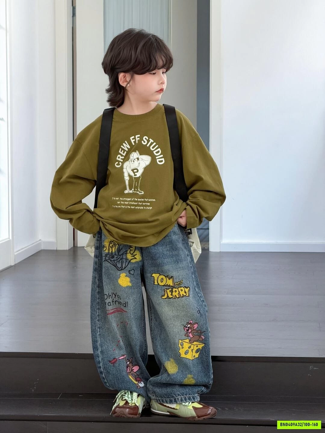 ÁO XANH OLIVE MIX JEANS CHUỘT JERRY