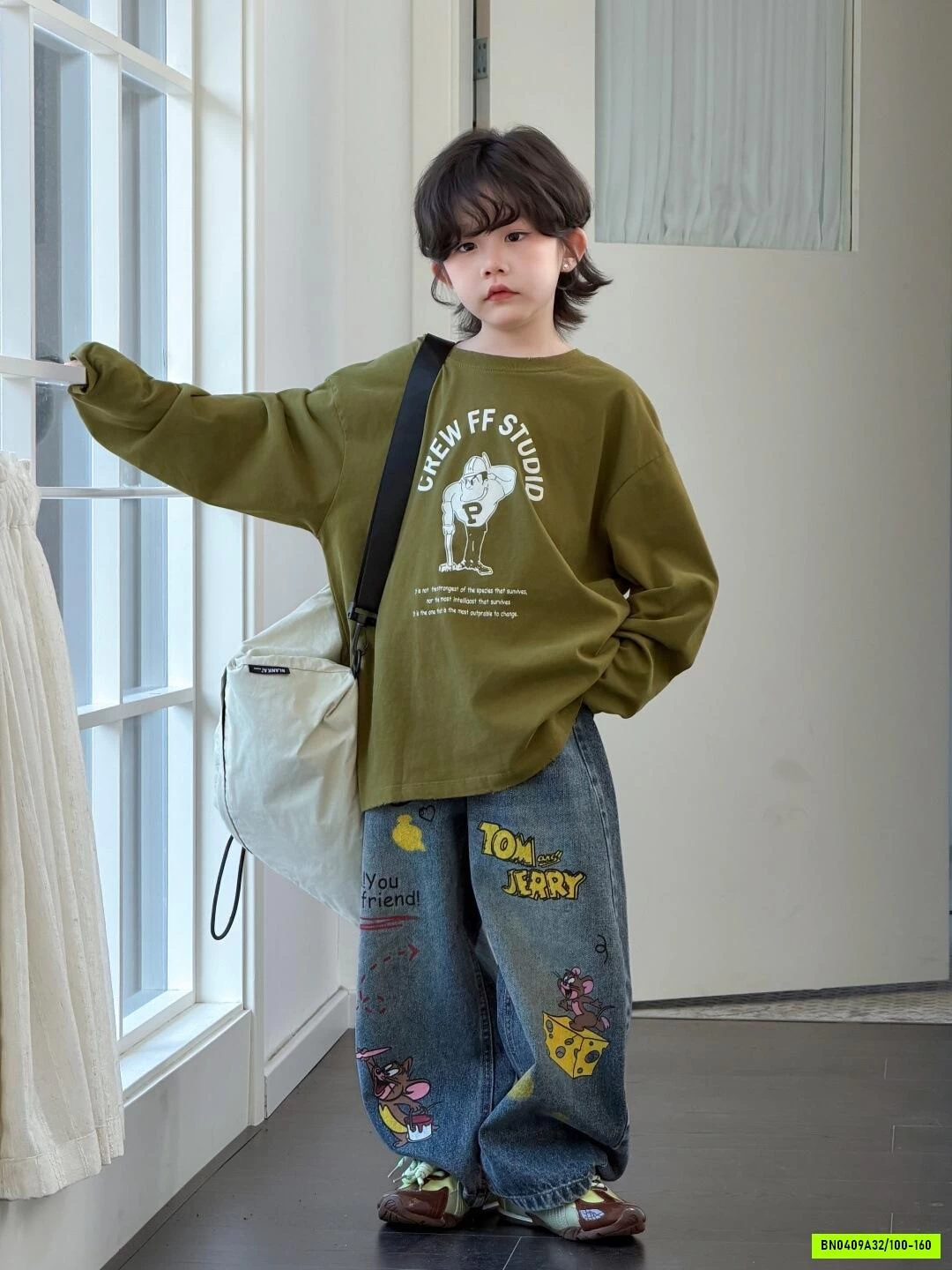 ÁO XANH OLIVE MIX JEANS CHUỘT JERRY