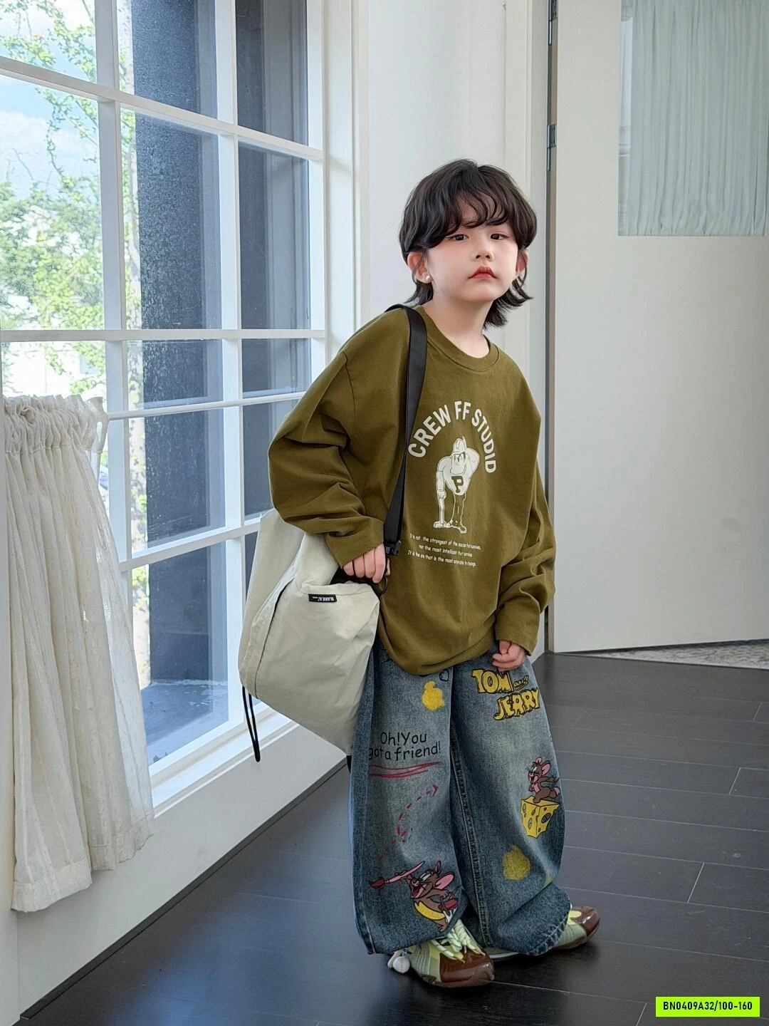ÁO XANH OLIVE MIX JEANS CHUỘT JERRY