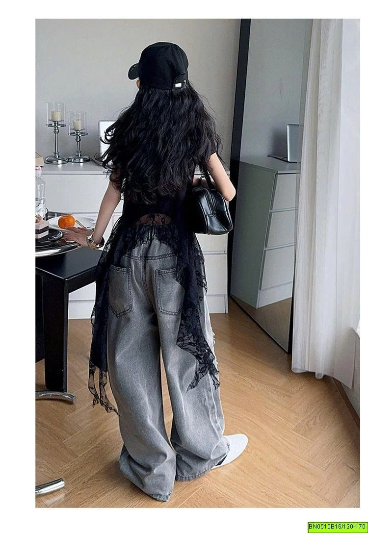 SÉT ÁO THUN PHỐI REN CÁ TÍNH MIX QUẦN JEAN RÁCH
