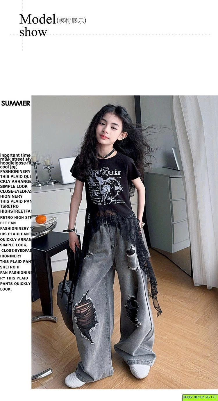 SÉT ÁO THUN PHỐI REN CÁ TÍNH MIX QUẦN JEAN RÁCH