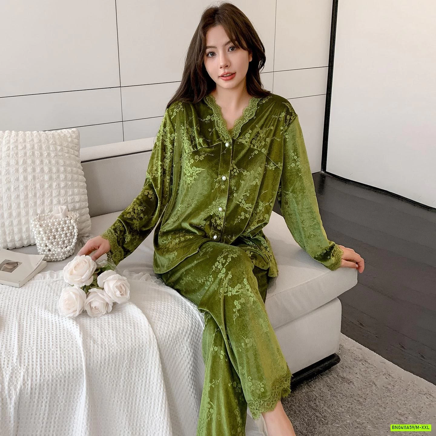 PIZAMA NHUNG IN HOA NỔI CAO CẤP