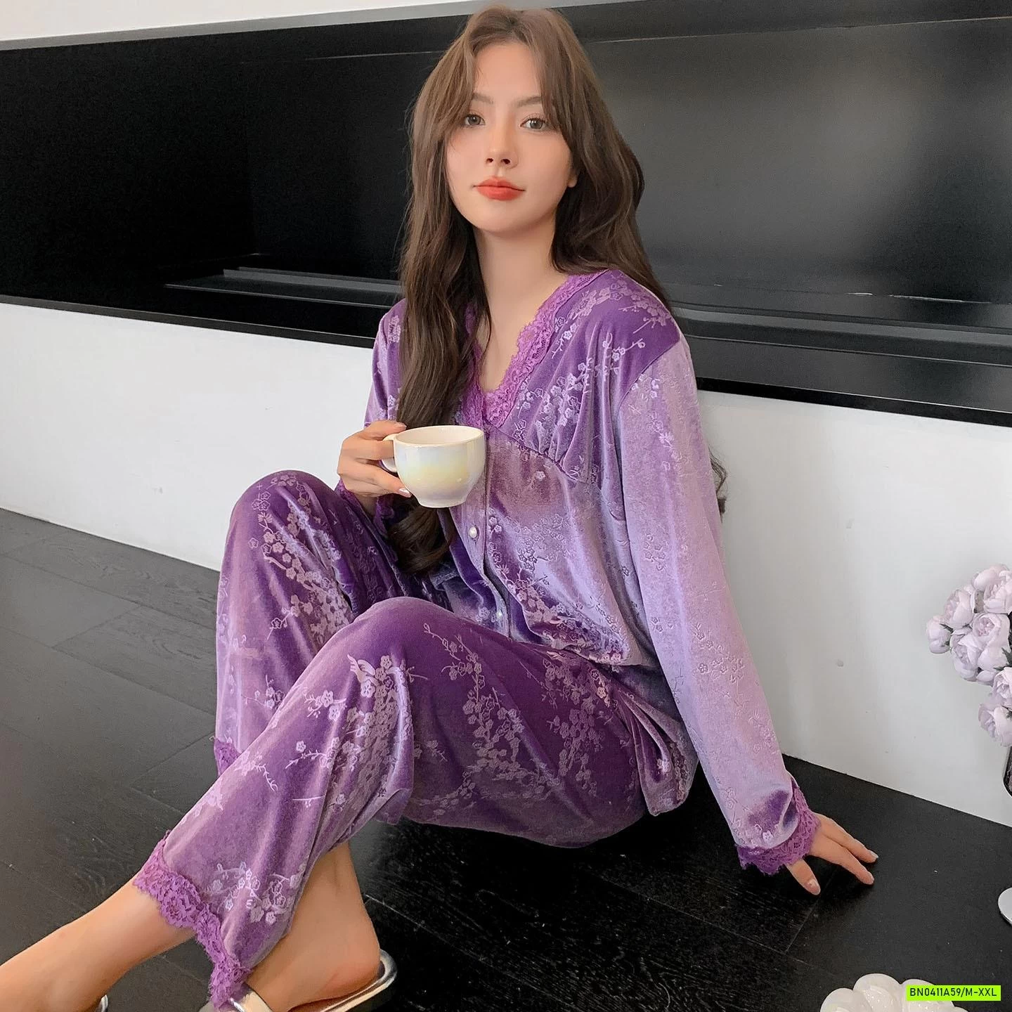 PIZAMA NHUNG IN HOA NỔI CAO CẤP