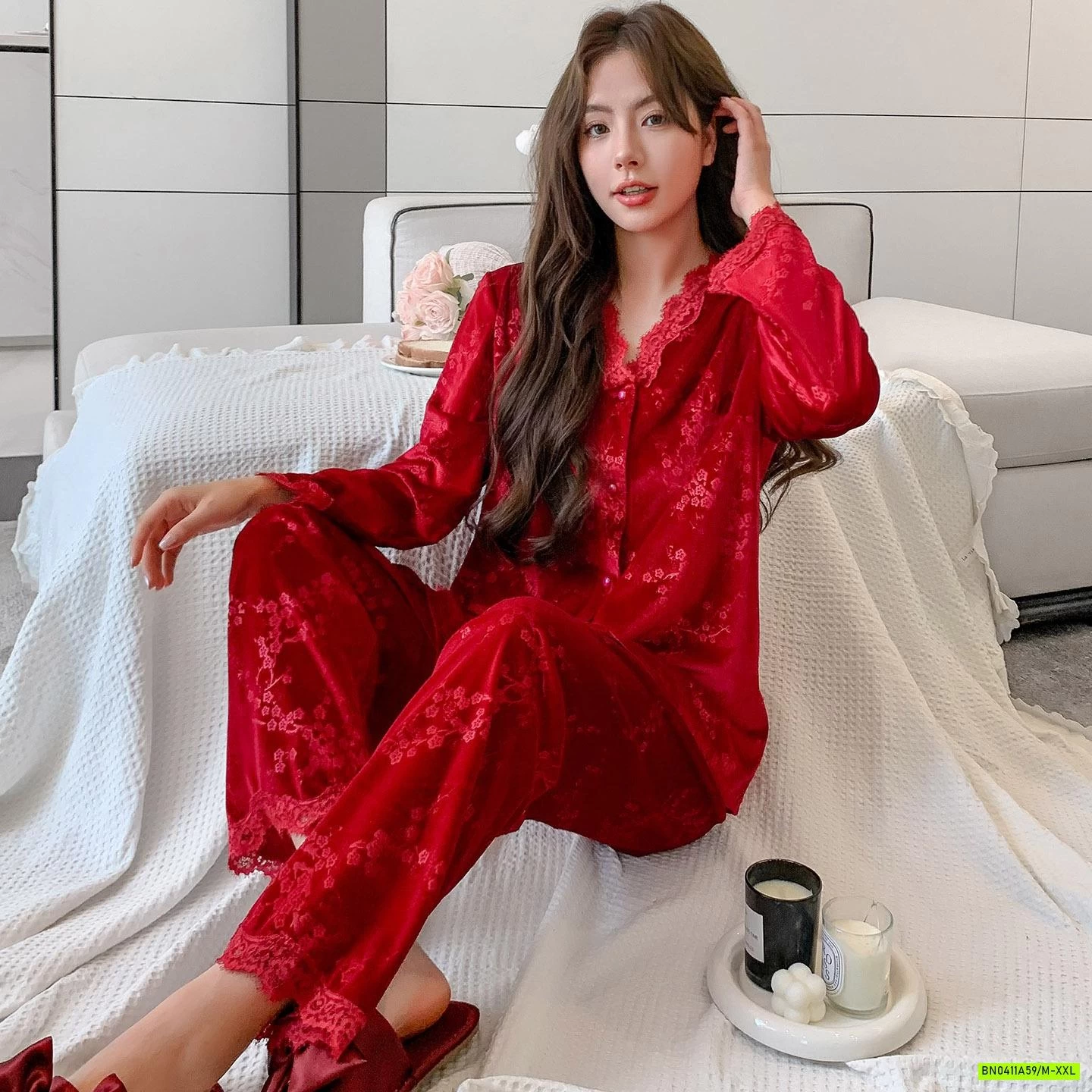 PIZAMA NHUNG IN HOA NỔI CAO CẤP