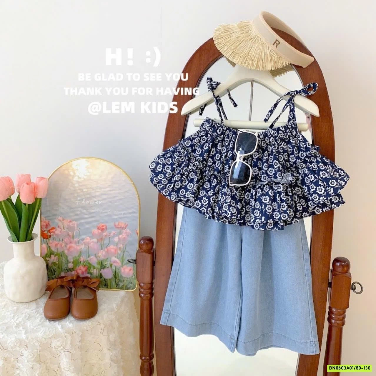 SÉT ÁO 2 DÂY HOA MIX JEANS ỐNG RỘNG