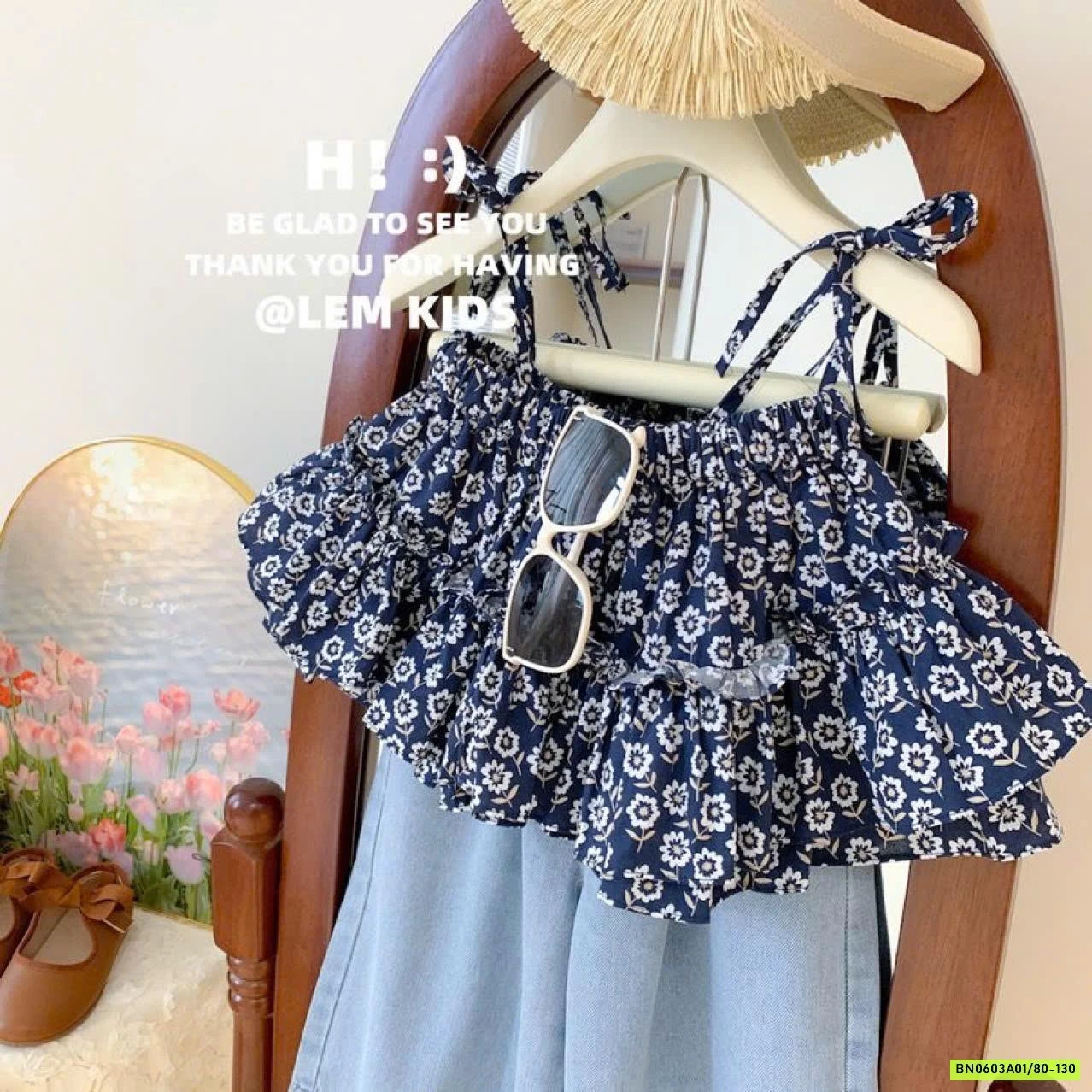 SÉT ÁO 2 DÂY HOA MIX JEANS ỐNG RỘNG