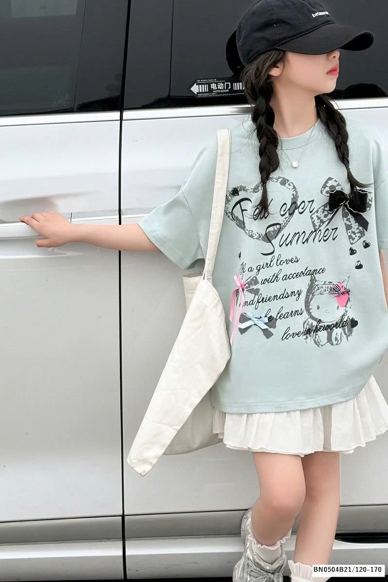 ÁO THUN CHỮ GẮN NƠ MIX CV TRẮNG