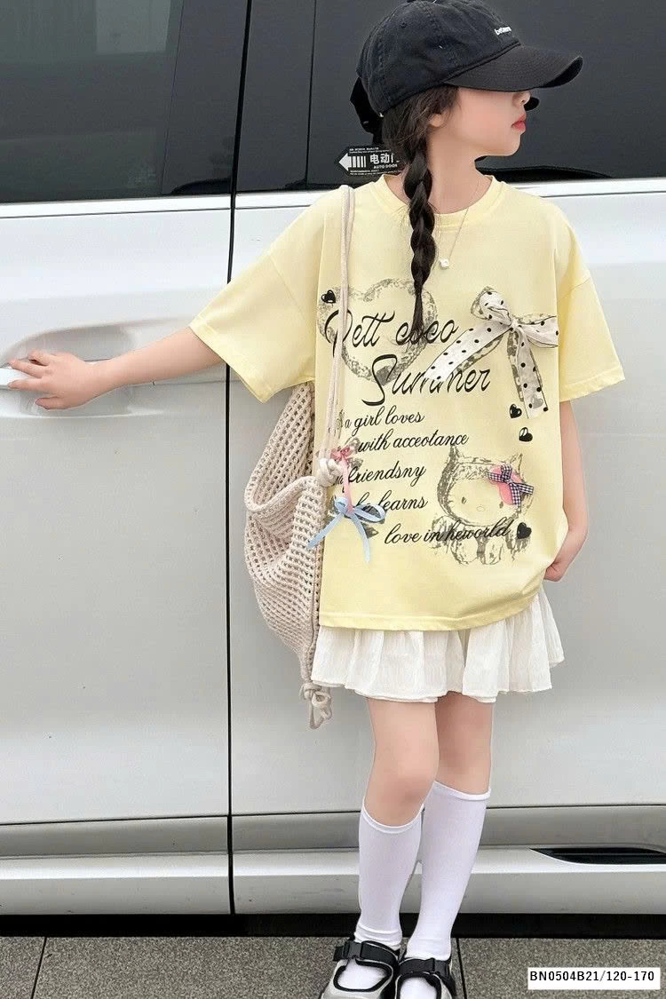 ÁO THUN CHỮ GẮN NƠ MIX CV TRẮNG