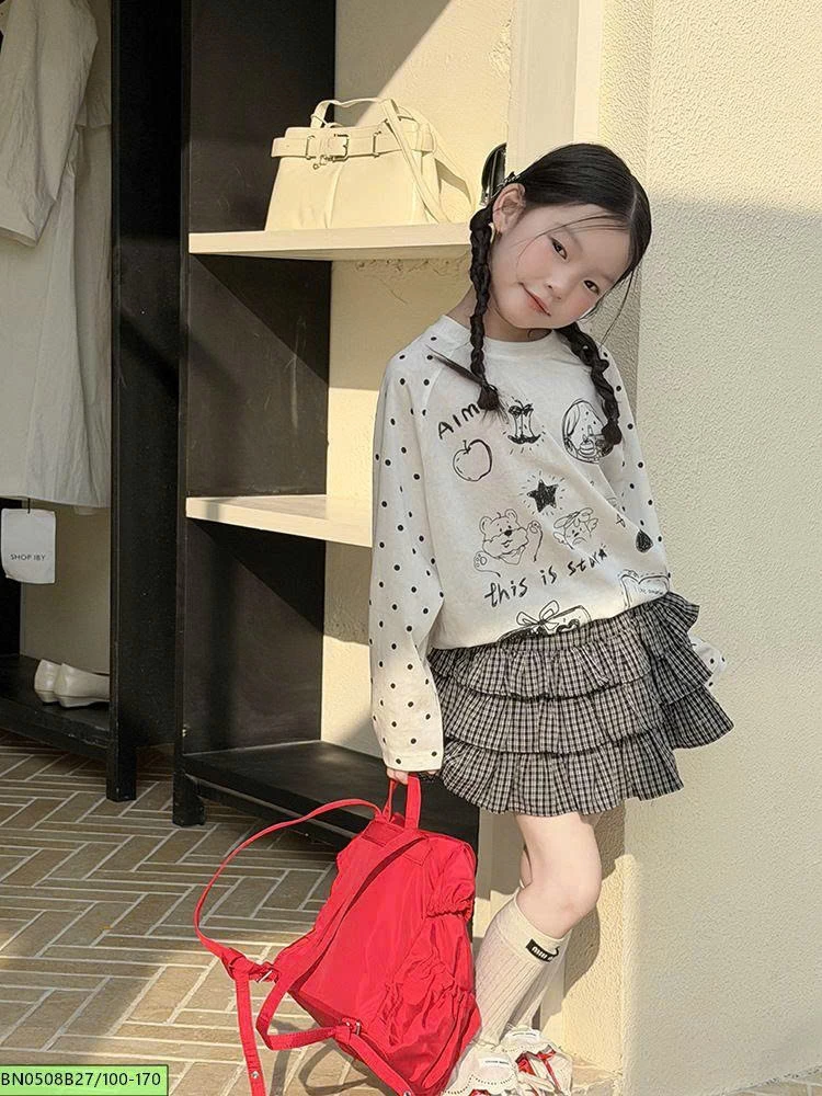 SÉT ÁO THUN IN HÌNH MIX CHÂN VÁY TẦNG BÈO AMBB  26B011