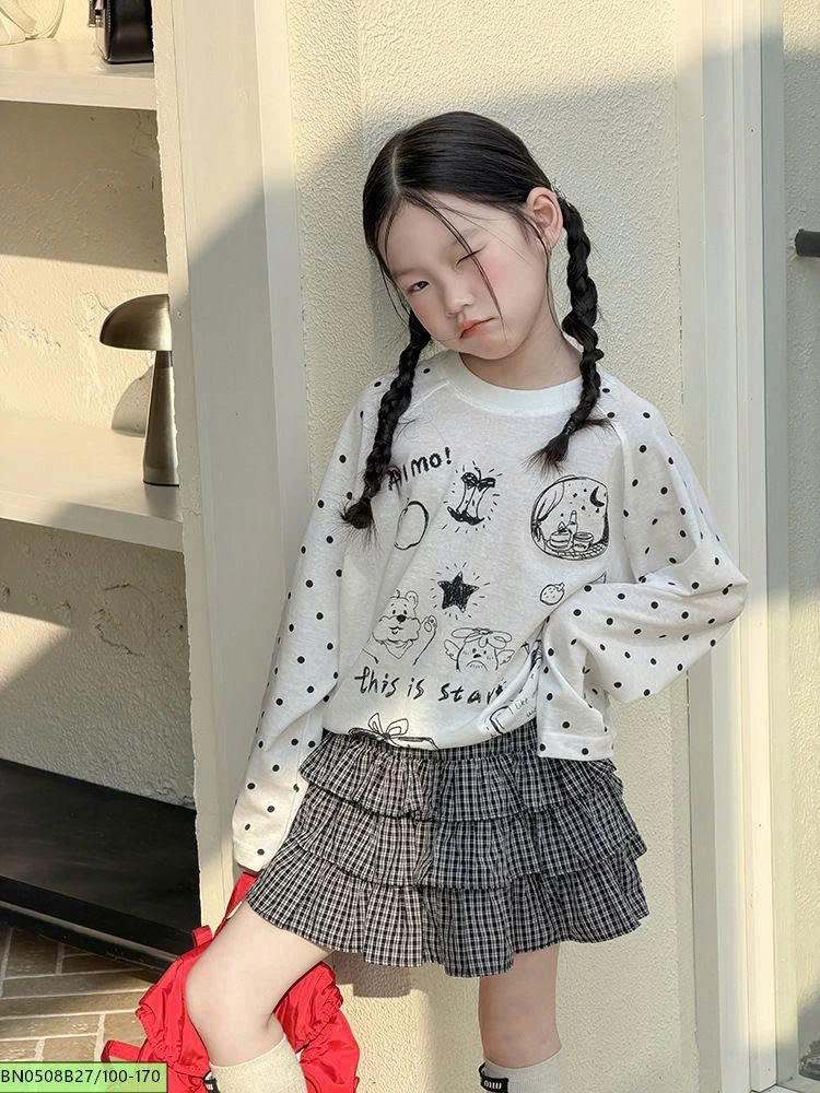 SÉT ÁO THUN IN HÌNH MIX CHÂN VÁY TẦNG BÈO AMBB  26B011