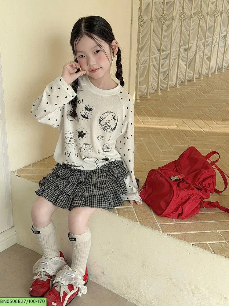 SÉT ÁO THUN IN HÌNH MIX CHÂN VÁY TẦNG BÈO AMBB  26B011