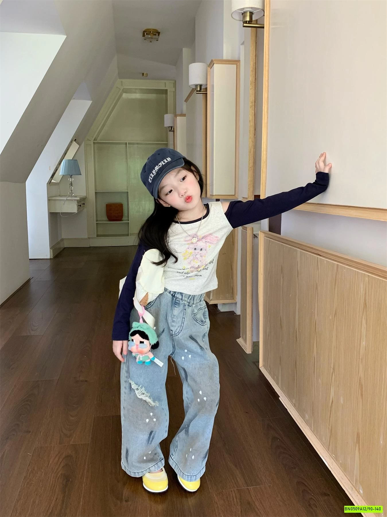 THUN CROPTOP PHỐI MÀU TAY MIX JEANS SUÔNG RÁCH