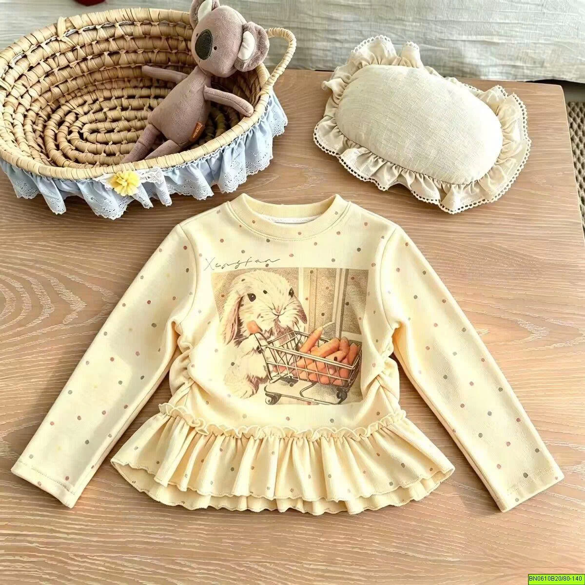SÉT ÁO THUN THỎ CHÂM BI MIX QUẦN SUÔNG NÂU