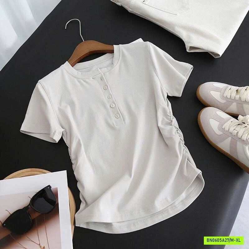 ÁO THUN NỮ RÚT EO CÚC CỔ