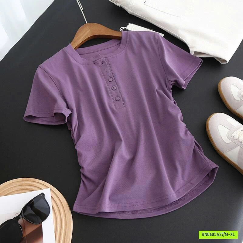 ÁO THUN NỮ RÚT EO CÚC CỔ