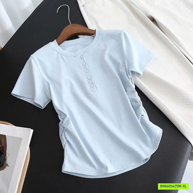 ÁO THUN NỮ RÚT EO CÚC CỔ