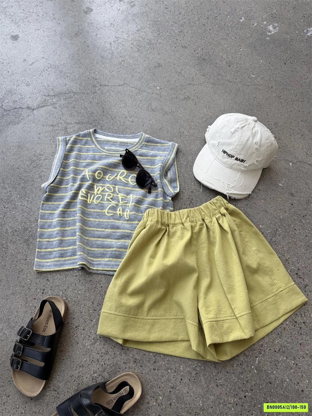 SÉT ÁO KẺ XÁM MIX SHORT VÀNG