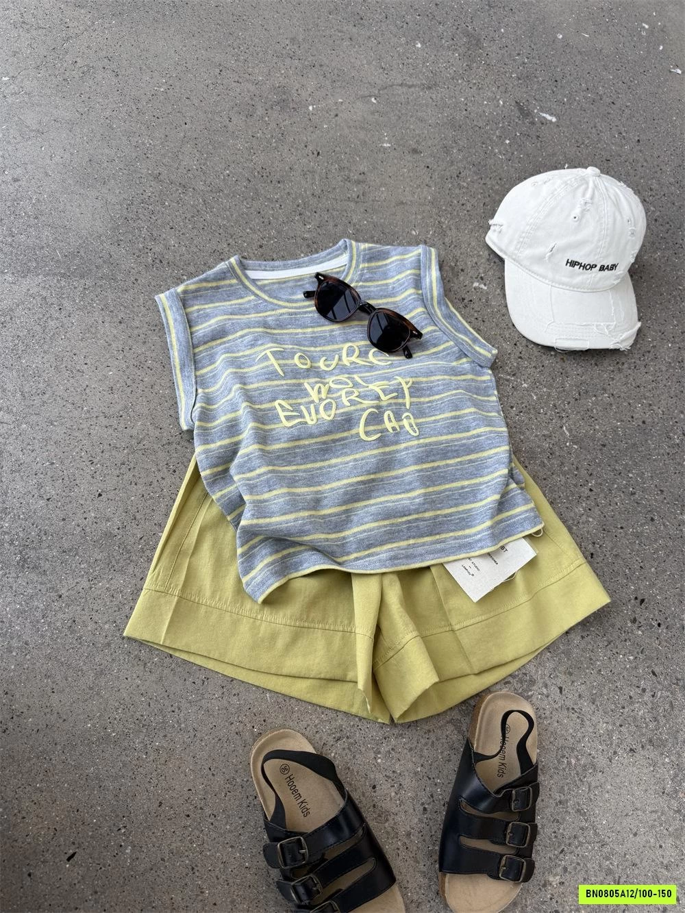 SÉT ÁO KẺ XÁM MIX SHORT VÀNG