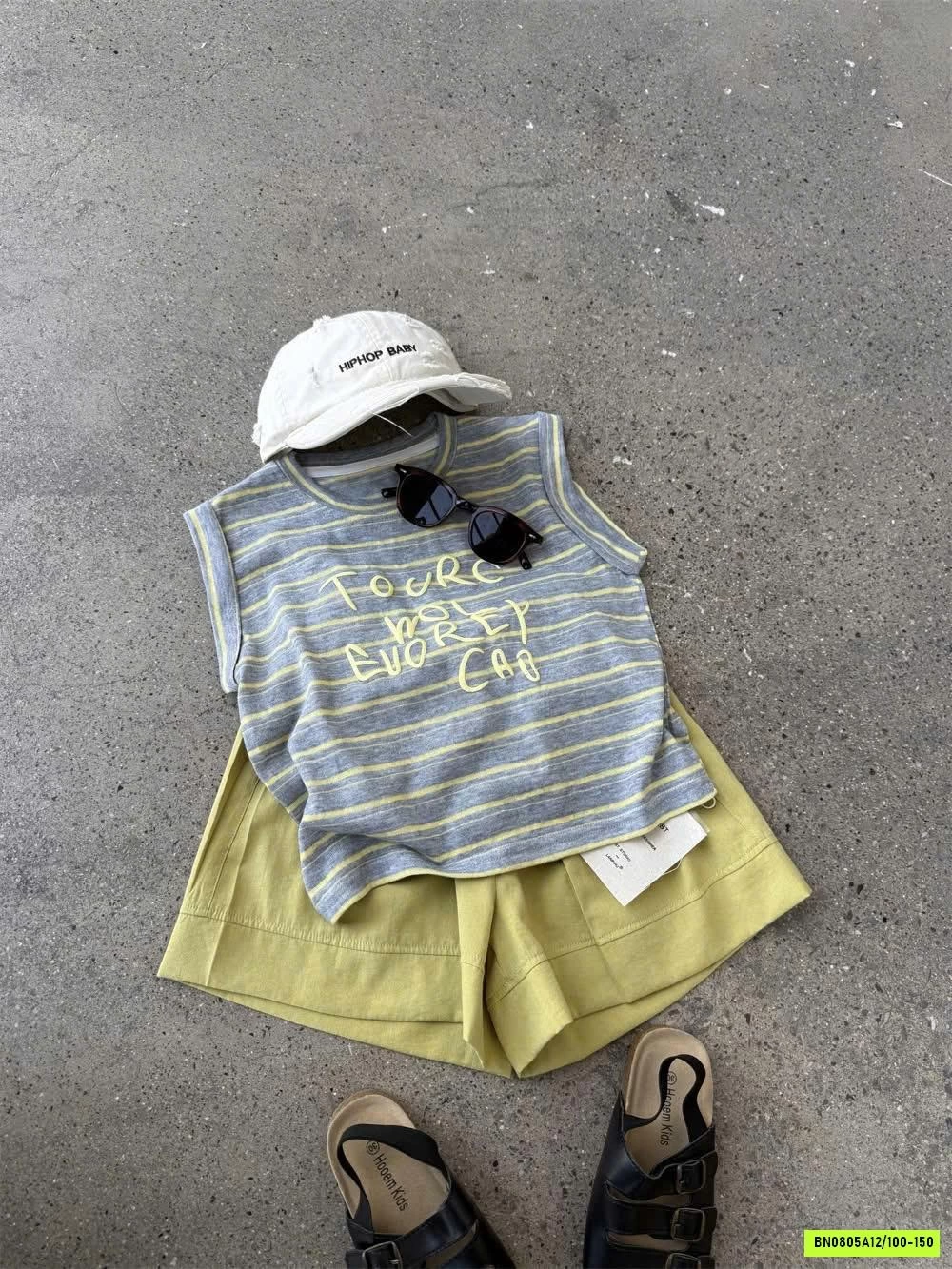 SÉT ÁO KẺ XÁM MIX SHORT VÀNG