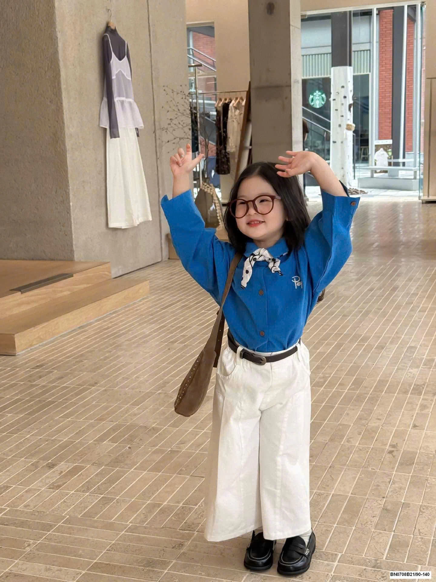 ÁO SƠ MI XANH + QUẦN SUÔNG TRẮNG CHO BÉ