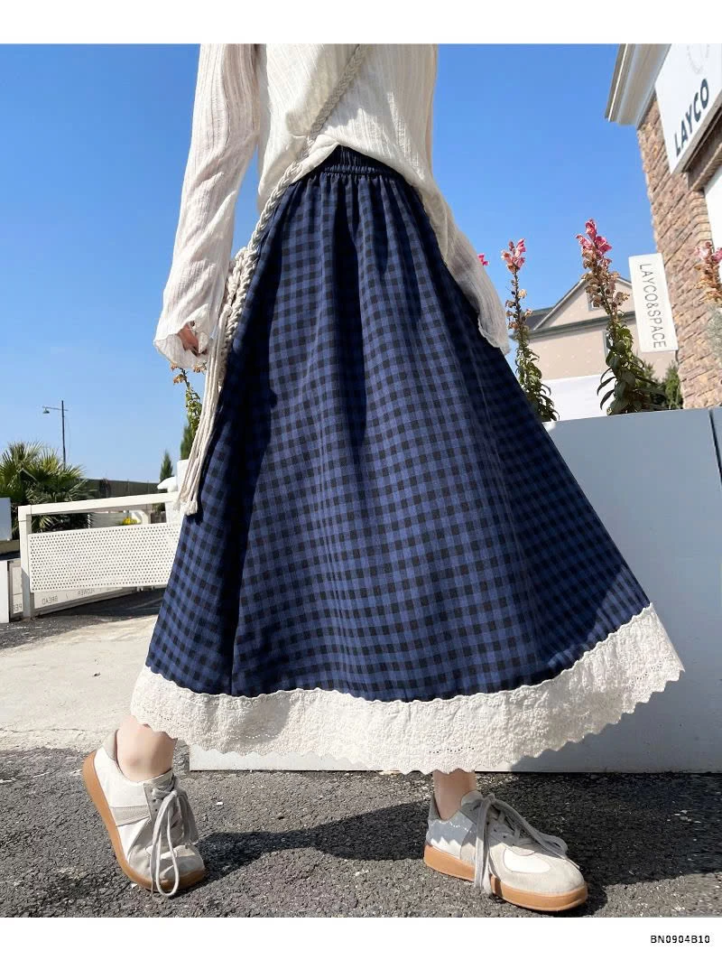 CHÂN VÁY CARO DÁNG RỘNG PHỐI REN