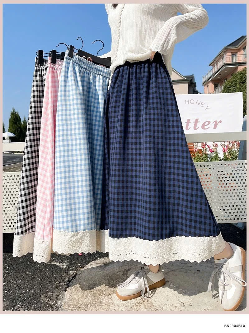 CHÂN VÁY CARO DÁNG RỘNG PHỐI REN