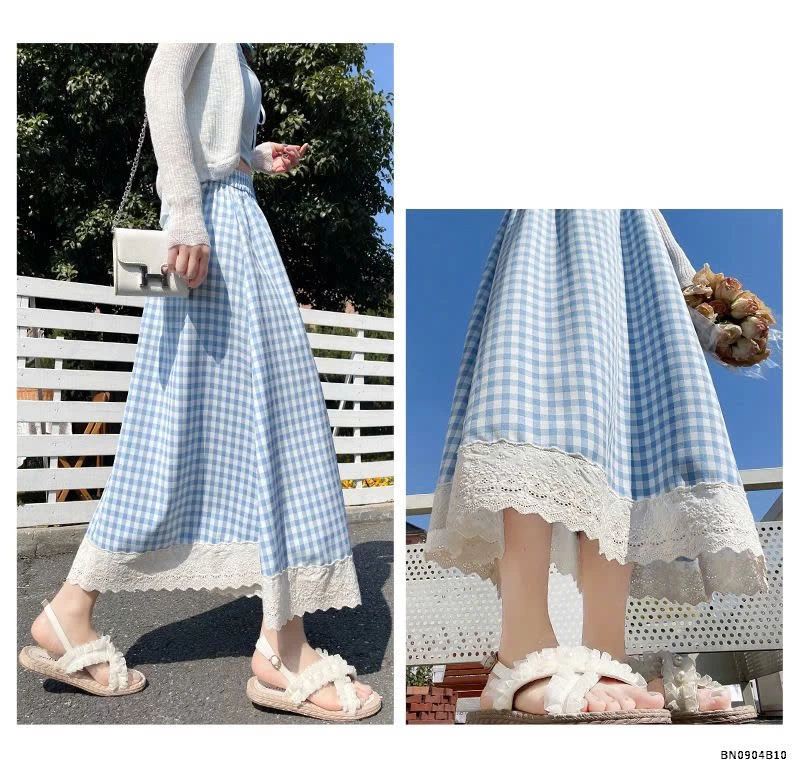 CHÂN VÁY CARO DÁNG RỘNG PHỐI REN