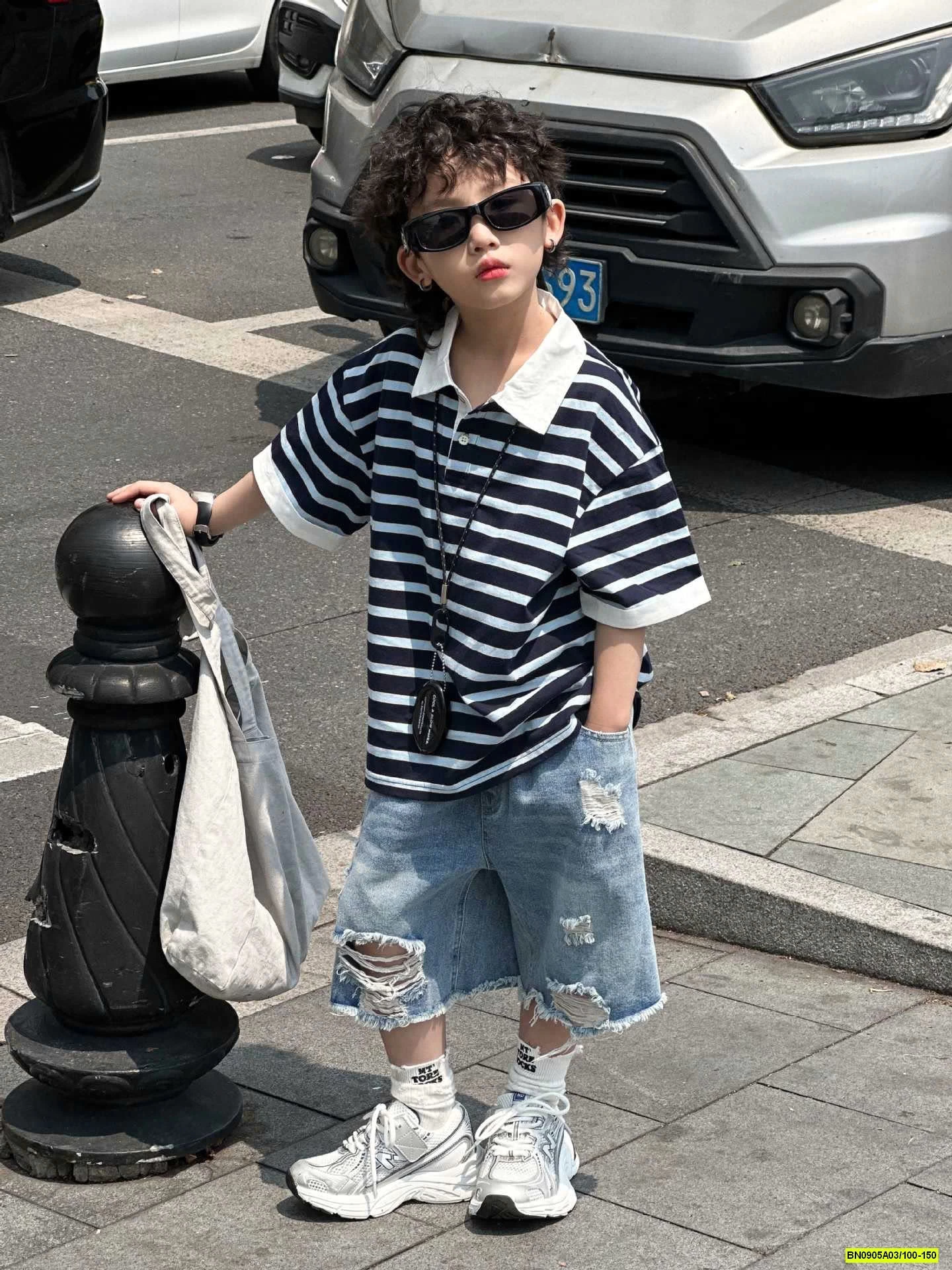 POLO KẺ NGANG MIX SHORT JEANS RÁCH