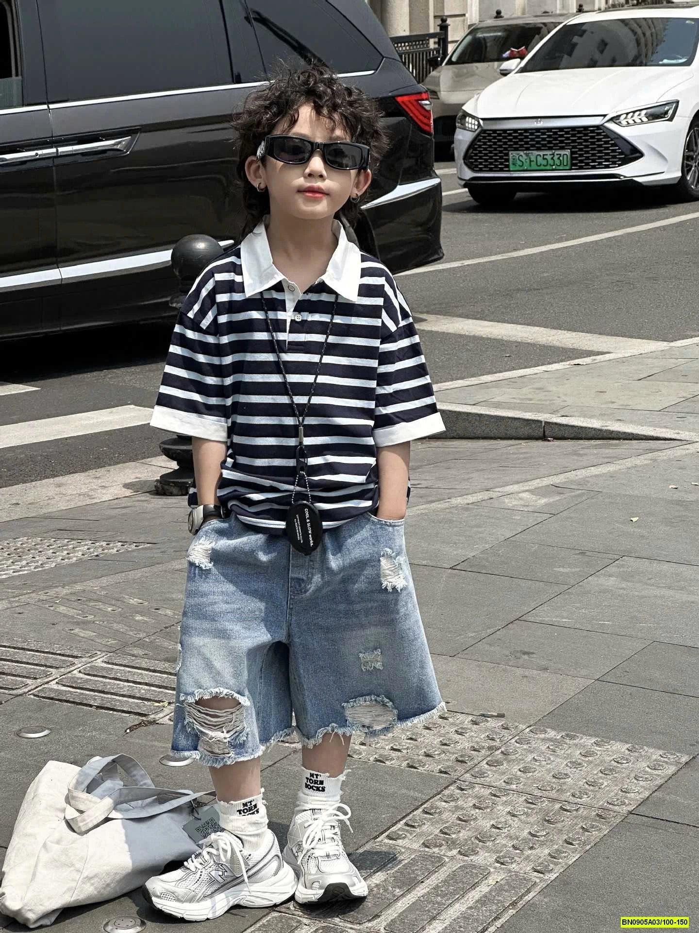 POLO KẺ NGANG MIX SHORT JEANS RÁCH