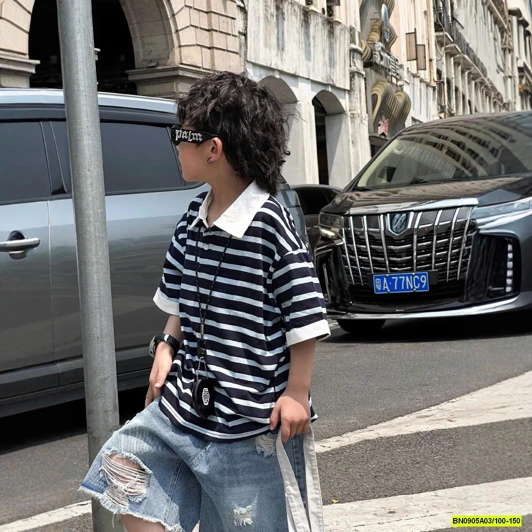 POLO KẺ NGANG MIX SHORT JEANS RÁCH