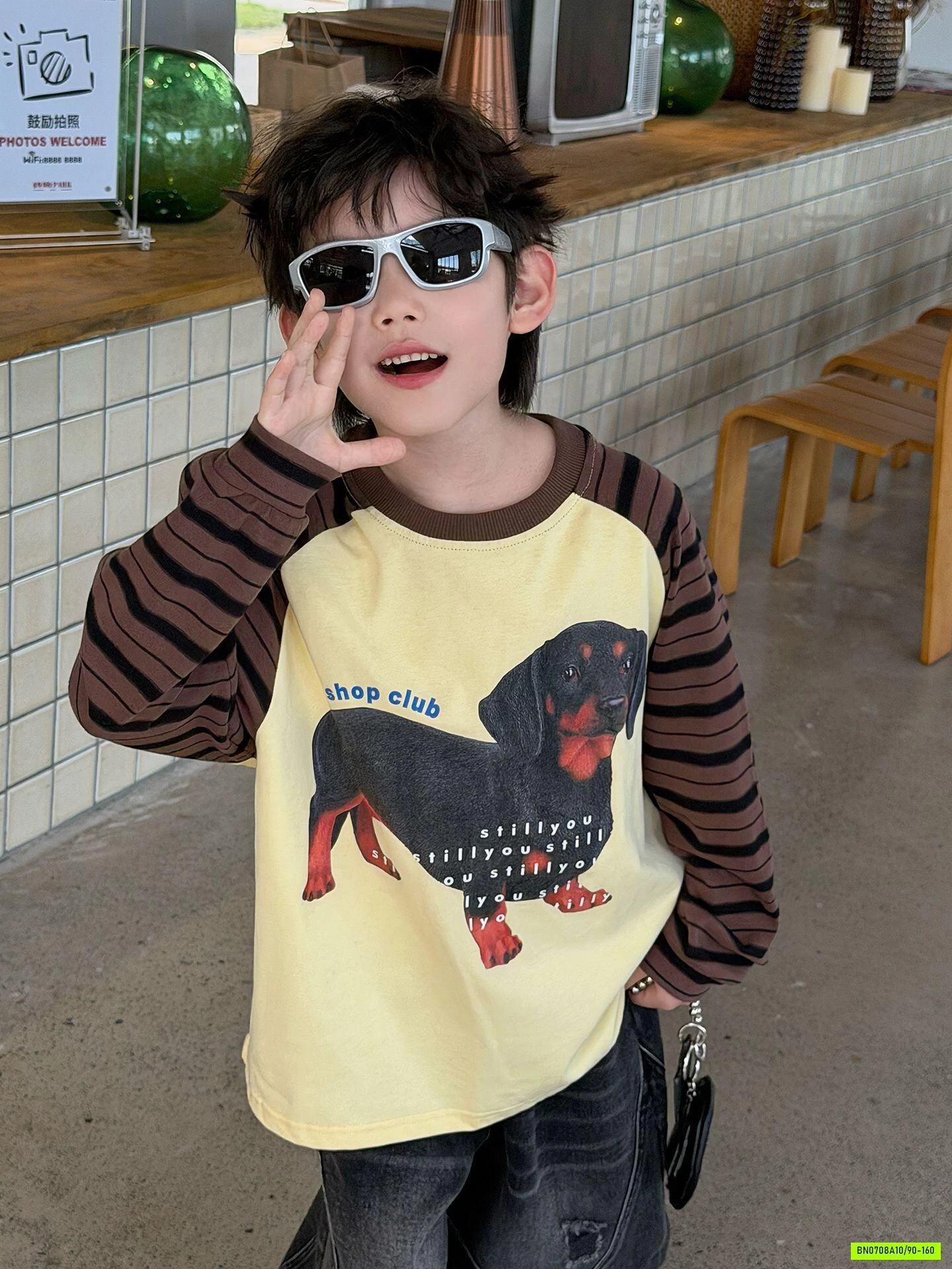 ÁO THUN CÚN PHỐI TAY KẺ NÂU MSHOPKIDS